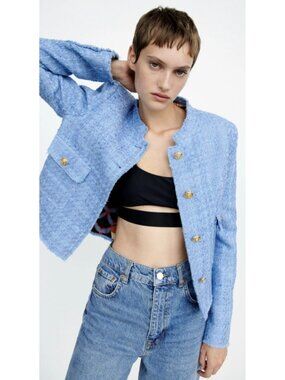 Zara Textured Tweed Crop Jacket Blue Gold Button Fringe Blazer L